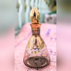 Vintage Smokey floral glass decanter gold accents Bohemia Glass